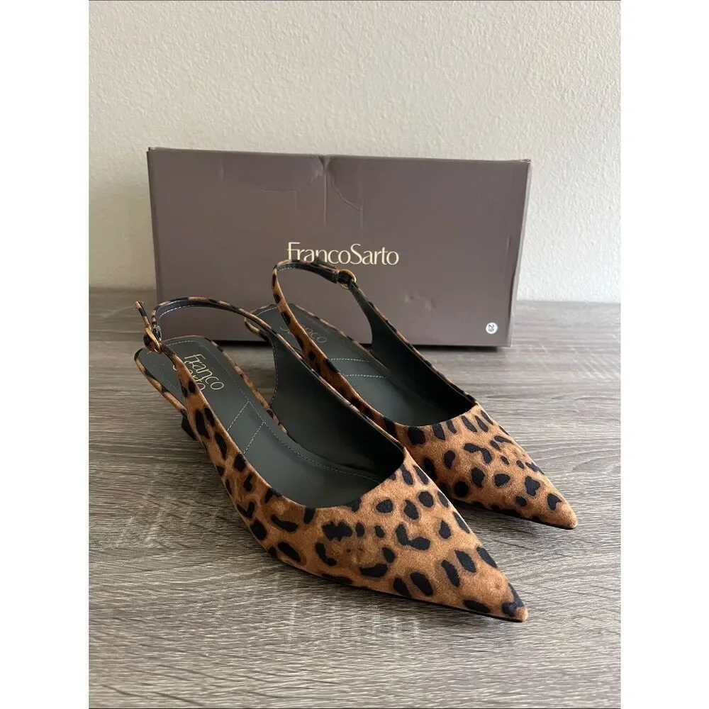 Franco Sarto Jaden Slingback Heels Leopard Print Pointed Toe Kitten Women’s 9M